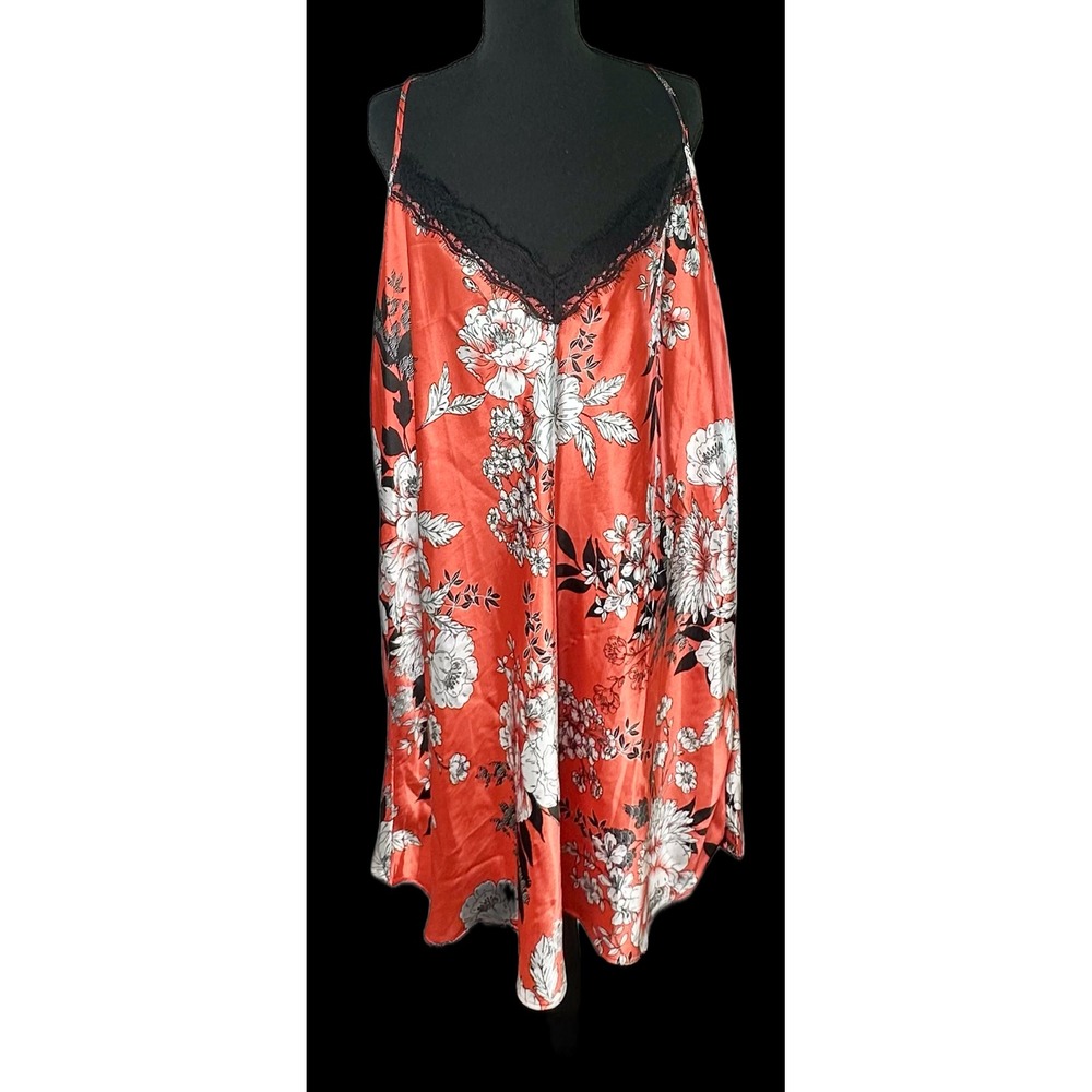 Linea Donatella Orange Floral Satin Lace Trim Chemise Nightgown Plus Size 3X